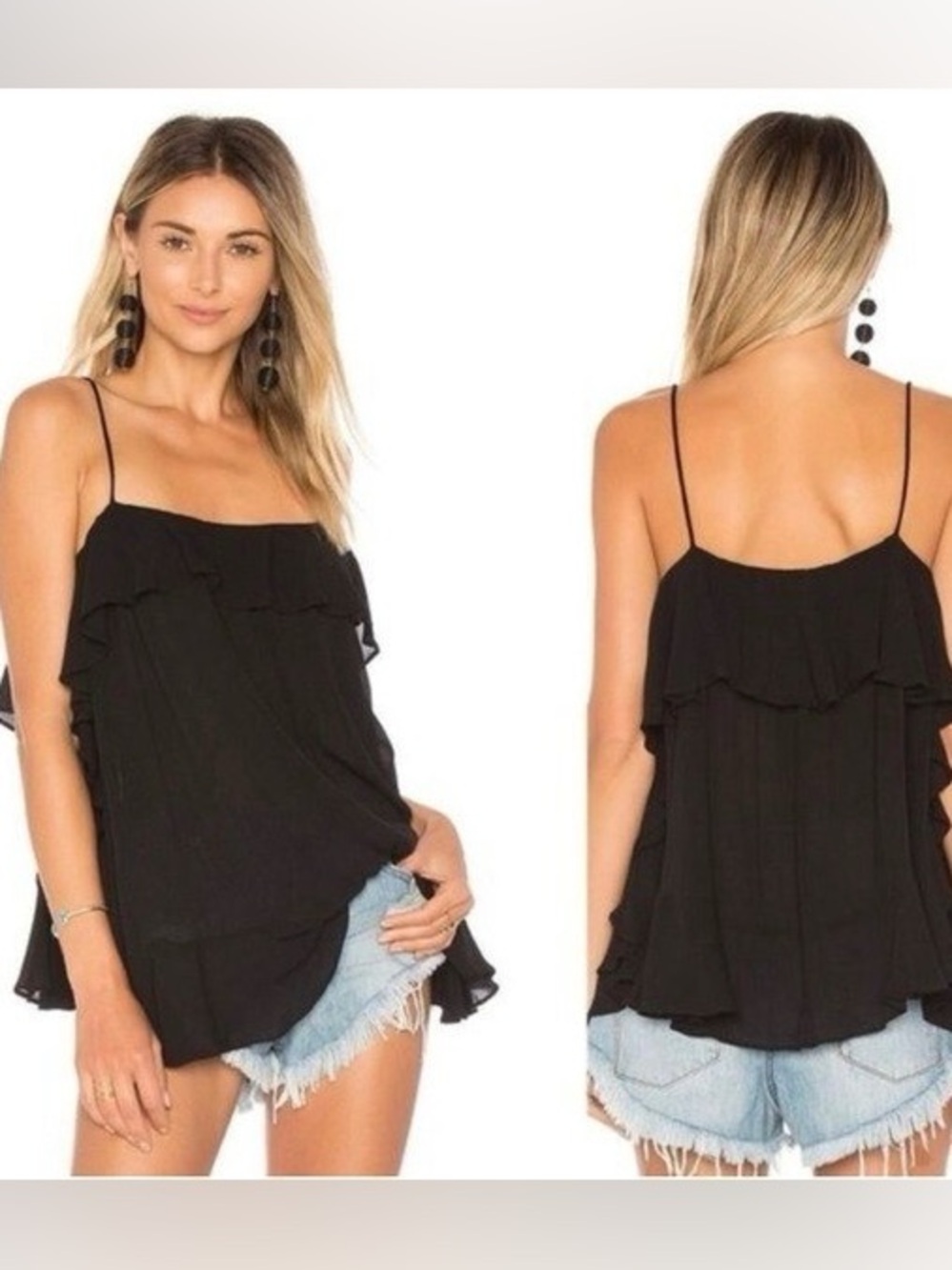 Intimately Free Black Cascade Ruffle Tiered Spaghetti Strap Tank Size Large